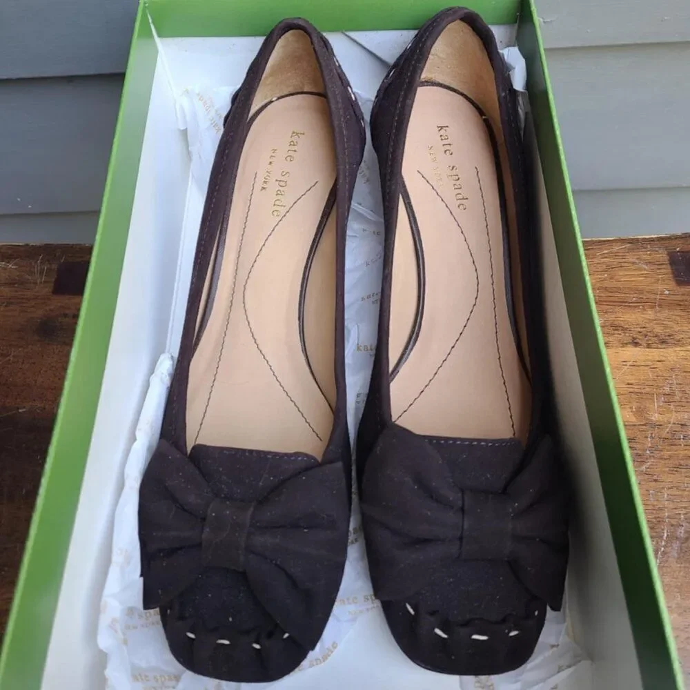 Kate Spade Linette Brown Suede Kitten Heels with Bow NIB!  NWT!  NEW! Size 7 1/2
